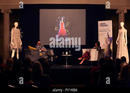Bath, UK. 20 April, 2016.  Red Carpet Couture talk. As part of Bath in Fashion, Hilary Alexander interviews Nicholas Oakwell about the work of a couture designer and the design of the Red Dress. Credit:  Cecil Davis/Alamy Live News Stock Photo