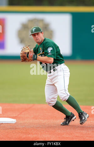 APR 19, 2016 - Tulane infielder Matt Braud #43 makes a throw to 1st base during a regular season game between Southern Mississippi and Tulane played at Greer Field at Turchin Stadium in New Orleans LA. Tulane defeated Southern Miss 12-0 Stock Photo