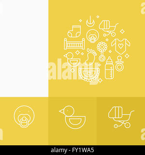 Various icons related to baby care on yellow background in illustration Stock Photo