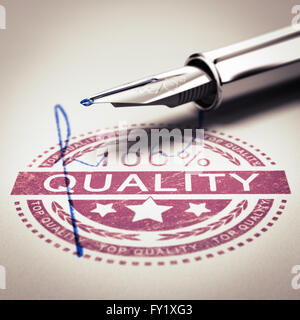 100 percent quality guarantee rubber stamp mark imprinted on a paper texture with signature and fountain pen. Concept image for Stock Photo