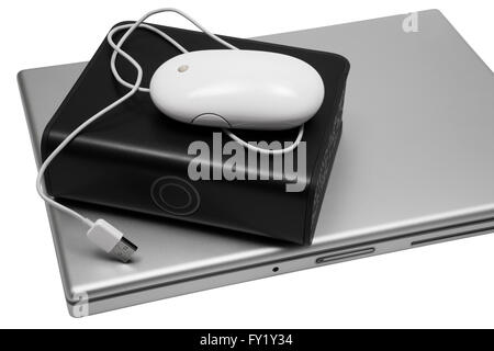 notebook and an external hard drive on a white background Stock Photo