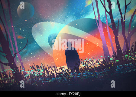 man standing alone in forest with fictional planets background,illustration Stock Photo