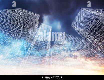 Abstract digital graphic background. Modern skyscrapers perspective. Wire frame lines over colorful dramatic cloudy sky backgrou Stock Photo