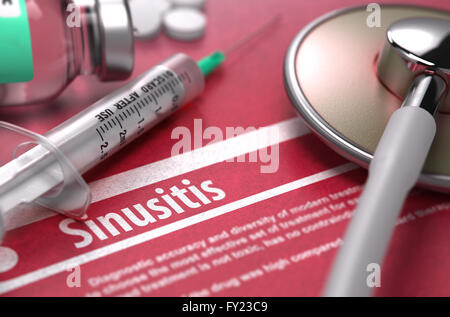 Sinusitis. Medical Concept on Red Background. Stock Photo