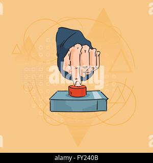 Business Man Hand Finger Press Red Button Over Triangle Geometric Background Stock Vector