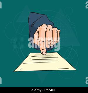 Business Man Hand Finger Point Paper Document Contract Agreement Over Triangle Geometric Background Stock Vector