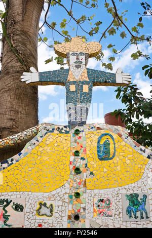 Vertical view of a colourful caricature mosaic of Camilo Cienfuegos at Fusterlandia in Havana, Cuba. Stock Photo