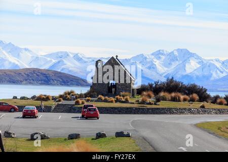 The historic stone Church of Good Shepherd on the shores of Lake Tekapo on the South Island of New Zealand Stock Photo