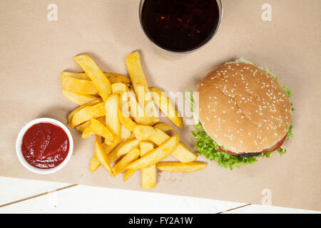 Burger with chips and cola Stock Photo