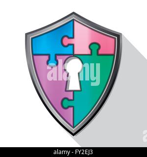Security puzzle flat icon with shield and keyhole, vector Stock Vector