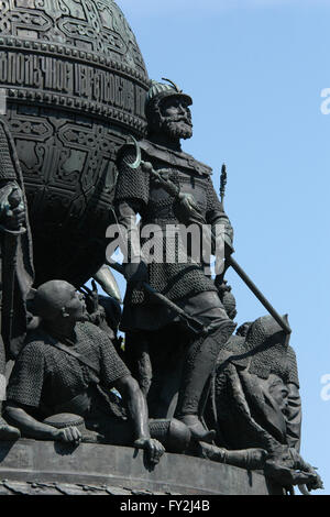 Grand Prince Dmitry Donskoy of Moscow. Detail of the Monument to the Millennium of Russia (1862) designed by Russian sculptor Mikhail Mikeshin in Veliky Novgorod, Russia. The statue of Dmitry Donskoy represents the beginning of the expulsion of the Tatars after the Battle of Kulikovo (1380). Dmitry Donskoy is depicted holding a Russian mace in his right hand and a captured bunchuk, the Tatar symbol of power, in his left hand. At his feet lies Mamai, the khan of the Golden Horde defeated in the Battle of Kulikovo. Stock Photo