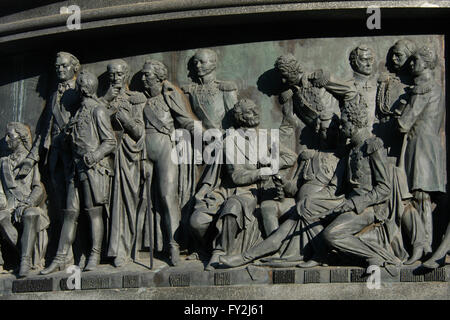 Imperial Russian military leaders depicted in the bas relief dedicated to military leaders and heroes by sculptors Matvey Chizhov and Alexander Lubimov. Detail of the Monument to the Millennium of Russia (1862) designed by Mikhail Mikeshin in Veliky Novgorod, Russia. Persons from left to right: Alexei Orlov (sitting), Pyotr Rumyantsev-Zadunaisky, Alexander Suvorov, Michael Barclay de Tolly, Mikhail Kutuzov, Dmitry Senyavin, Matvei Platov (sitting), Pyotr Bagration, Hans Karl von Diebitsch, Ivan Paskevich (both sitting), Mikhail Lazarev, Vladimir Kornilov and Pavel Nakhimov. Stock Photo