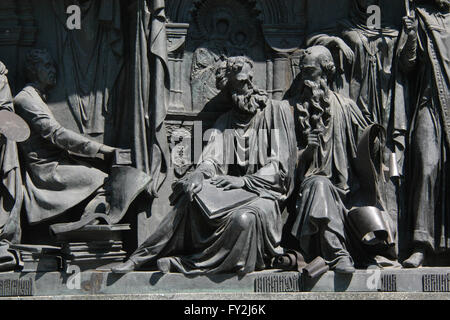 Saints Cyril and Methodius depicted in the bas relief dedicated to Russian men of enlightenment by Russian sculptor Matvey Chizhov. Detail of the Monument to the Millennium of Russia (1862) designed by Mikhail Mikeshin in Veliky Novgorod, Russia. Russian composer Dmitry Bortniansky is depicted in the left in the bas relief dedicated to Russian writers and artists by Russian sculptor Ivan Schroder. Stock Photo