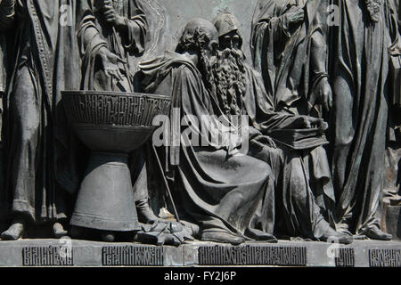 Saints Anthony and Theodosius of Kiev, the founders of the Kiev Pechersk Lavra, depicted in the bas relief dedicated to Russian men of enlightenment by Russian sculptor Matvey Chizhov. Detail of the Monument to the Millennium of Russia (1862) designed by Mikhail Mikeshin in Veliky Novgorod, Russia. Stock Photo