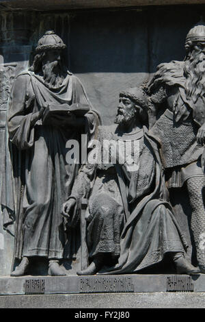 Grand Prince Yaroslav the Wise (L) and Grand Prince Vladimir Monomakh (R) depicted in the bas relief dedicated to Russian statesmen by Russian sculptor Nikolai Laveretsky. Detail of the Monument to the Millennium of Russia (1862) designed by Mikhail Mikeshin in Veliky Novgorod, Russia. Stock Photo