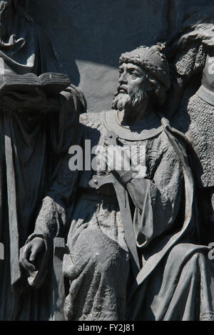 Grand Prince Vladimir Monomakh of Kiev depicted in the bas relief dedicated to Russian statesmen by Russian sculptor Nikolai Laveretsky. Detail of the Monument to the Millennium of Russia (1862) designed by Mikhail Mikeshin in Veliky Novgorod, Russia. Stock Photo