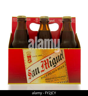 Winneconne, WI - 14 March 2016: A six pack of San Miquel beer.  The number one selling in the Philippines. Stock Photo
