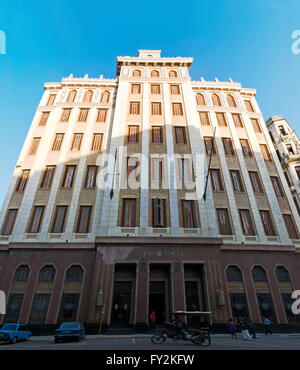 Vertical panoramic (2 picture stitch) street view of the Bacardi Building in Havana, Cuba. Stock Photo