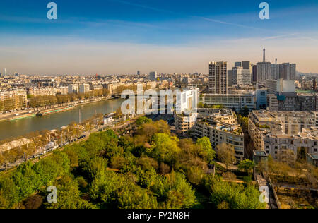 Aerial view of River Seine with Eiffel Tower in distance, Paris, France. Stock Photo