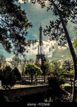 Eiffel Tower seen through trees, Paris, France. Stock Photo