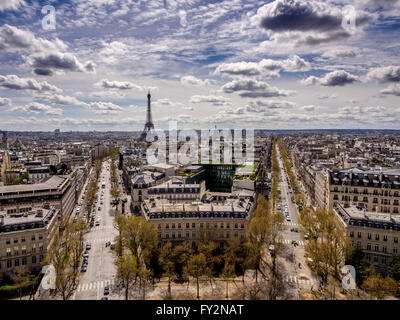 View towards the Eiffel Tower from the Arc de Triomphe, Paris, France. Stock Photo