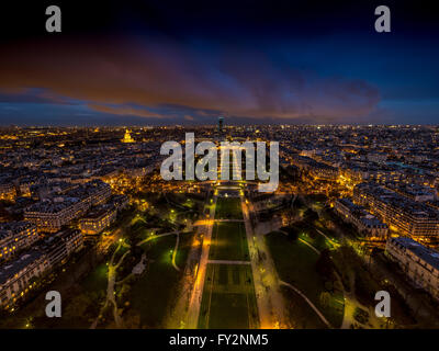 Champ de Mars, with Montparnasse Tower in background at night, Paris, France. Stock Photo