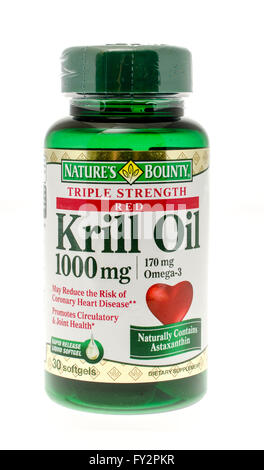 Winneconne, WI - 26 Nov 2015: Bottle of krill oil made by Nature's Bounty. Stock Photo