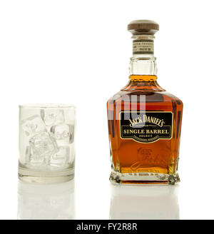 Winneconne, WI - 19 March 2016:  A bottle of Jack Daniel's single barrel whisky with a glass of ice. Stock Photo