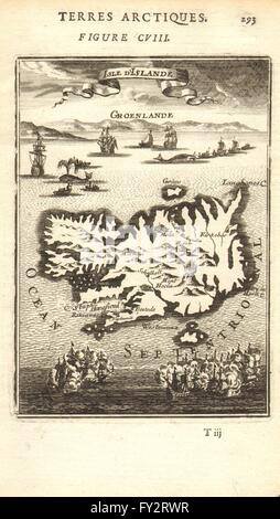 ICELAND:'Isle d'Islande'.Whaling ships vignettes.Hekla volcano.MALLET, 1683 map Stock Photo
