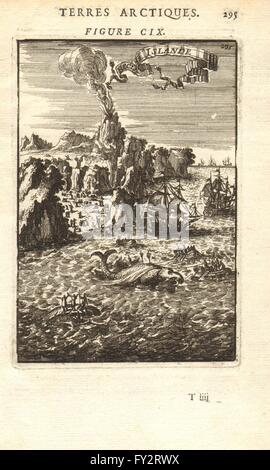 ICELAND: 'Hecla en Islande'. Hekla volcano erupting. Whaling. MALLET, 1683 Stock Photo