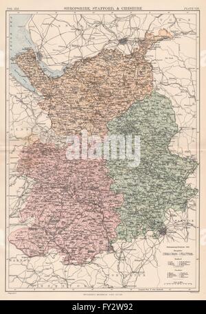 SHROPSHIRE STAFFORDSHIRE & CHESHIRE: County map. North West England, 1898 Stock Photo