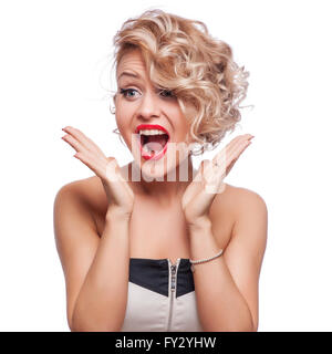 young blonde woman shout and scream using her hands as tube, studio shoot isolated on white Stock Photo