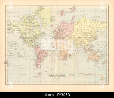'The World on Mercators Projection'. BARTHOLOMEW, 1876 antique map Stock Photo