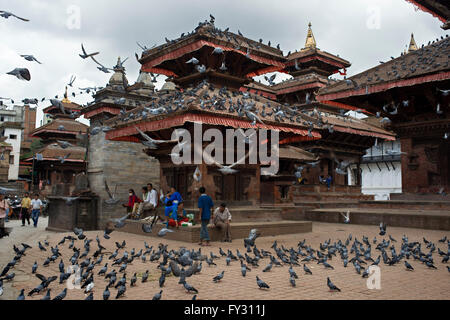 Pigeons, Durbar Square, Kathmandu, Nepal. A corn grain sales woman at Basantapur Durbar Square with flying pigeons, Stock Photo