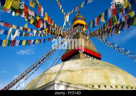 Tibetan flags and Bodhnath Buddhist Stupa, Kathmandu, Nepal, Asia Stock Photo