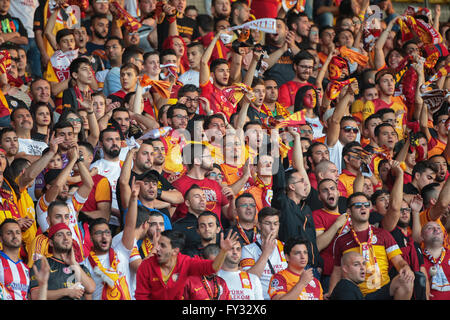 Fans of Galatasaray Istanbul cheer on their team during a friendly game against SK Rapid Vienna, Ernst-Happel-Stadium, Vienna Stock Photo