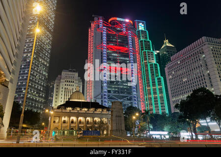 Former Legislative Council Building, Statue Square and HSBC Building illuminated at night, District Central, Hong Kong Island Stock Photo