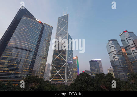 ICBC Tower, Bank of China Tower at dusk, Lippo Center, District Central, Hong Kong Island, Hong Kong, China Stock Photo