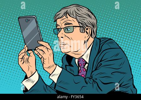 The funny man taking pictures with smartphone Stock Vector