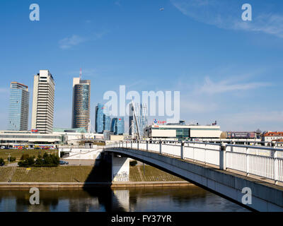 View of a Vilnius shopping area from the White Bridge over the Neris River; Vilnius, Lithuania. Stock Photo