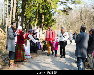 Visitors are greeted at Rumšiškės, a Lithuanian heritage park near Kaunas. Stock Photo