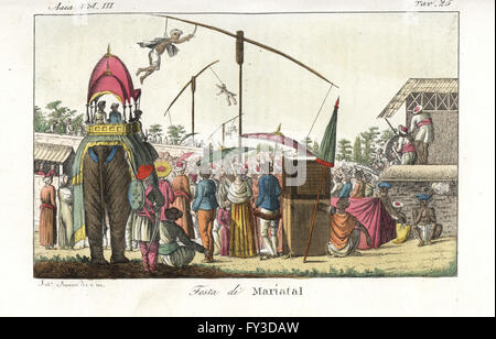 Festival of Mariatal, Churrack-Pooja, Carak Puja or Chidi Mari, near Pondicheri, India. Hindu devotees are suspended by hooks in the skin from long poles and lifted into the air in honour of the goddess Draupadi. Handcoloured copperplate drawn and engraved by Andrea Bernieri after Francois Solvyns from Giulio Ferrario's Ancient and Modern Costumes of all the Peoples of the World, Florence, Italy, 1844. Stock Photo