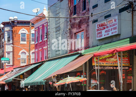 Awnings cover the Italian Market, South Philadelphia, Pennsylvania, USA. Stock Photo