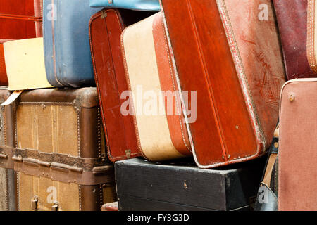 Collection of old luggage and baggage on display at the train museum. Southeastern Railway Museum Stock Photo