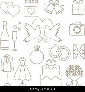 Artistic hand drawn wedding related vector icons set Stock Vector