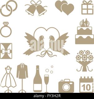 Wedding related vector silhouette icons set Stock Vector