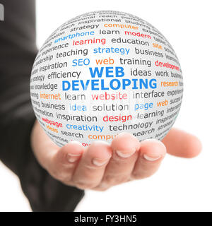white ball in hand with blue inscription Web developing Stock Photo