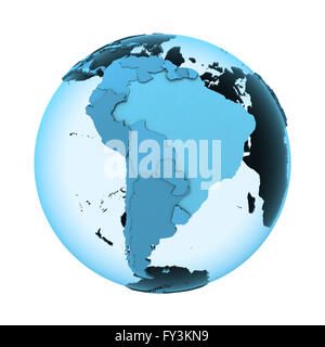 South America on translucent model of planet Earth with visible continents blue shaded countries. 3D illustration isolated on wh Stock Photo