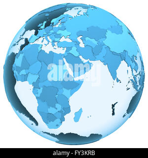 Africa on translucent model of planet Earth with visible continents blue shaded countries. 3D illustration isolated on white bac Stock Photo