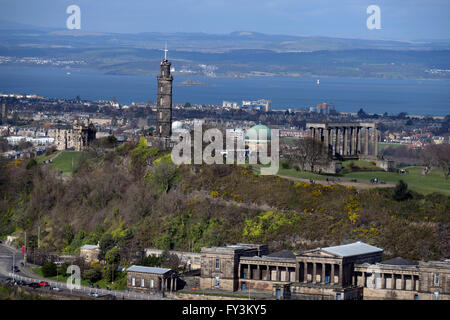 The City Observatory on Calton Hill in Edinburgh, With the The Royal High School of Edinburgh and Nelson Monument Stock Photo